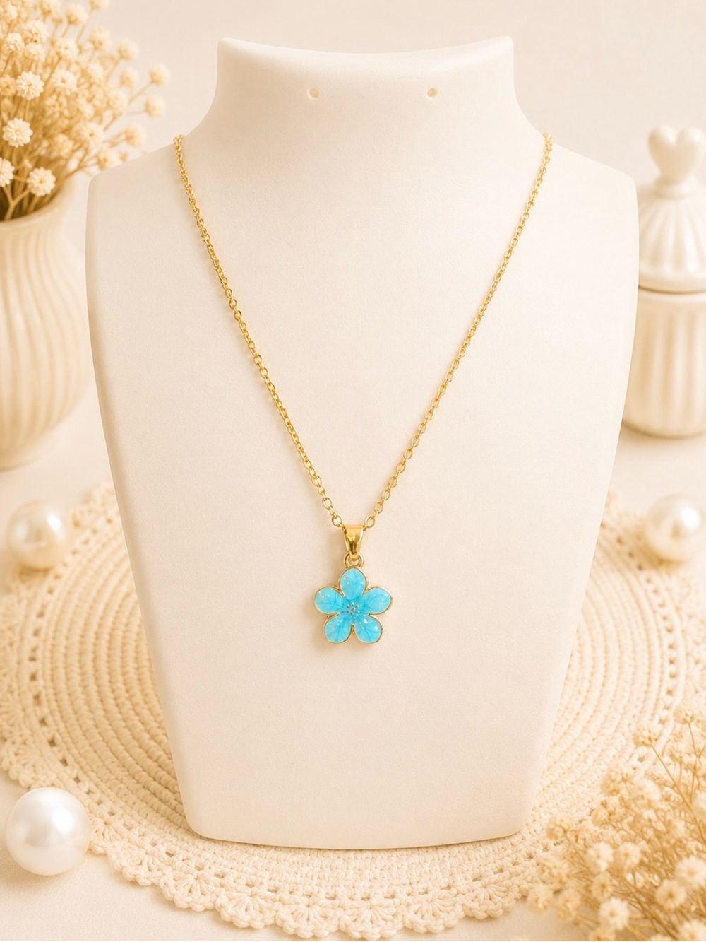 Blue Flower Enamel Pendant Necklace - Gold Tone Chaim-Women Jewelry
